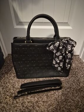 Betsey Johnson Black Skull-Embossed Satchel Bag with Skull Scarf